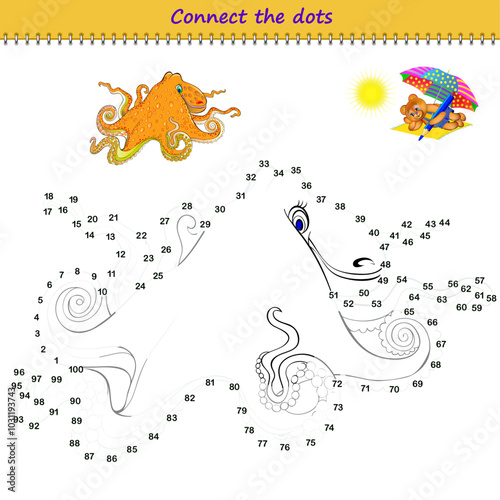 Connect the dots from 1 to 100 and draw the octopus. Trace the line between numbers. Coloring book for kids. Develop counting skills. Logic puzzle game for children. Educational page. Vector image.