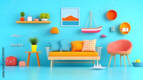 Bright and colorful living room with modern decor and furniture.