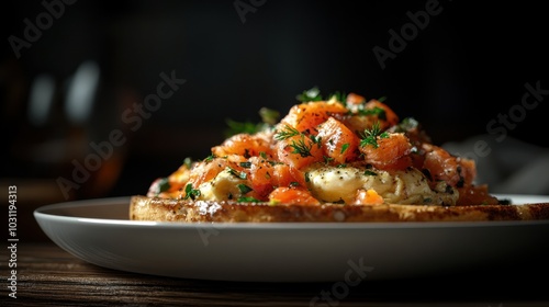 Gourmet fluffy scrambled eggs with smoked salmon on artisan toast photo