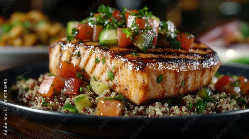 Gourmet grilled swordfish steak on quinoa with fresh salsa for culinary enthusiasts