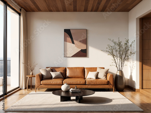 Scandinavian-Inspired Living Room with Leather Sofa and Abstract Art