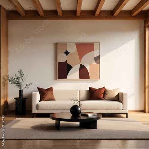 Modern Living Room with Neutral Sofa and Abstract Wall Art
