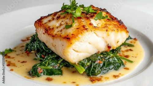 Gourmet plate of chilean sea bass with saffron sauce for culinary art and food photography