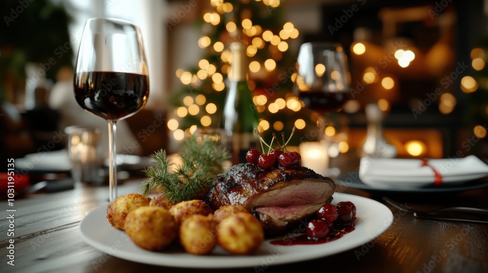 Gourmet roasted duck with cherry garnish for elegant holiday dining