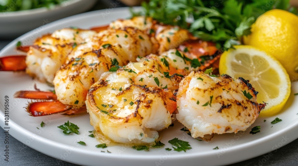 Gourmet seafood delight: buttery lobster tail with fresh herbs and citrus garnish for culinary inspiration Gourmet seafood delight: buttery lobster tail with fresh herbs and citrus garnish for culinary inspiration
