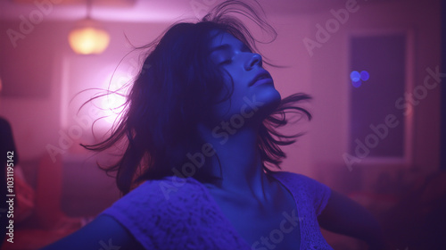 Close-up film still of an exhausted young woman with messy hair photo