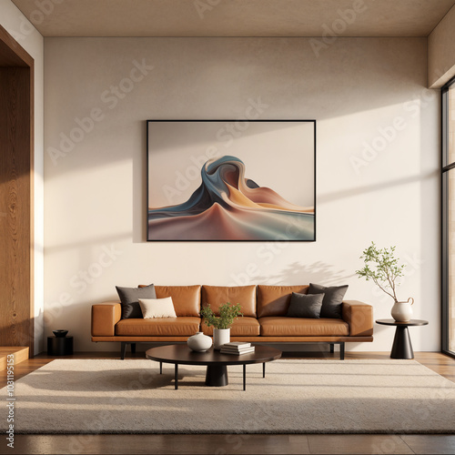 Modern Living Room with Leather Sofa and Abstract Wave Art