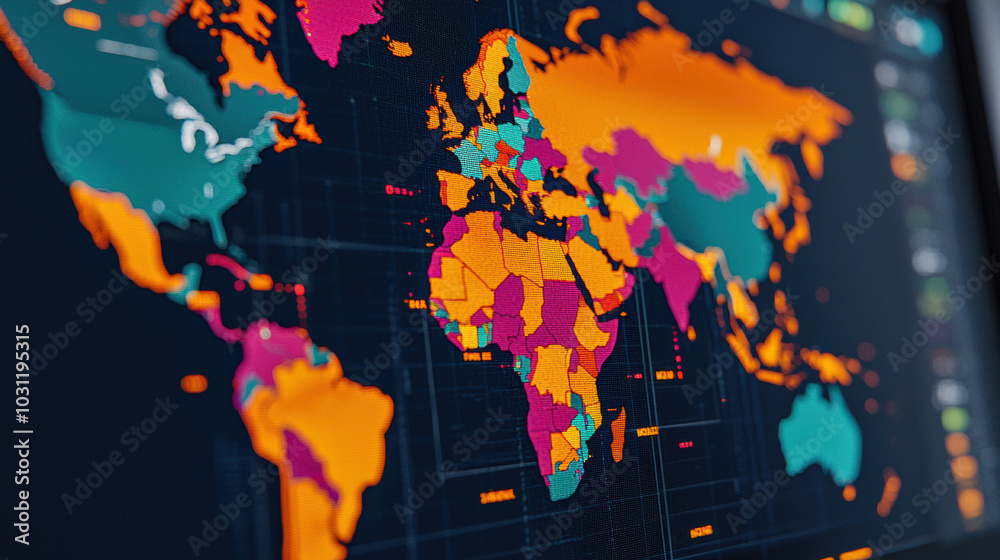 Digital world map displaying global logistics flow with vibrant colors Digital world map displaying global logistics flow with vibrant colors