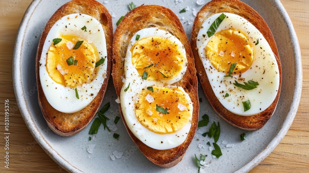 Gourmet soft boiled eggs on artisan toast - culinary food photography for recipe design Gourmet soft boiled eggs on artisan toast - culinary food photography for recipe design