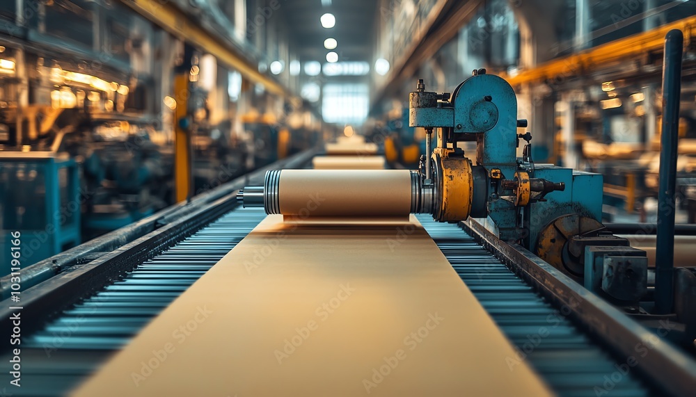 Inside a paperboard factory, machinery efficiently producing paperboard sheets, illustrating the mechanics of industrial manufacturing Inside a paperboard factory, machinery efficiently producing paperboard sheets, illustrating the mechanics of industrial manufacturing