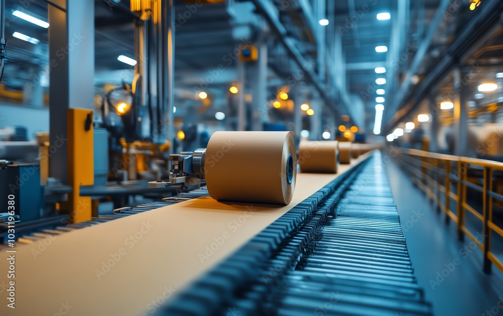 Fototapeta premium Sophisticated industrial equipment in a factory setting, focused on the paperboard production process, highlighting the integration of technology