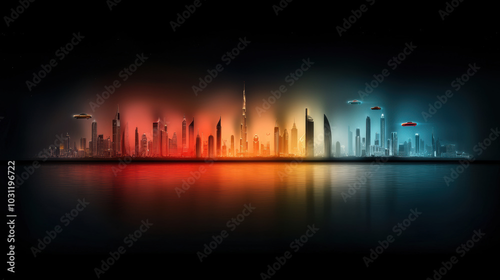 Futuristic city skyline at night with vibrant colors and flying vehicles Futuristic city skyline at night with vibrant colors and flying vehicles