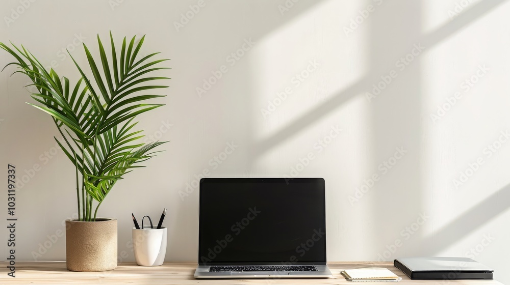Fototapeta premium Minimalist workspace with a laptop, plant, and office supplies on a wooden desk. The white wall behind it has long shadows.