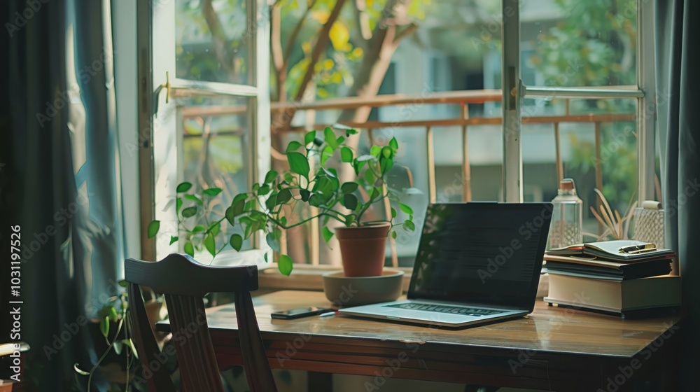 A home office desk with a laptop, plant, and books next to a window with natural light. A home office desk with a laptop, plant, and books next to a window with natural light.