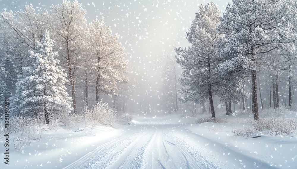 A winter wonderland featuring snowladen trees and glimmering ice flakes dancing in the cold wind, evoking a peaceful and serene snowy day A winter wonderland featuring snowladen trees and glimmering ice flakes dancing in the cold wind, evoking a peaceful and serene snowy day