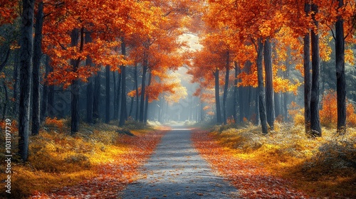 A serene autumn forest path with vibrant orange foliage.