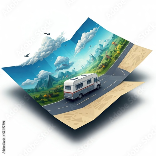 Atmospheric run a camper van on the roadmap isolated on the white background
