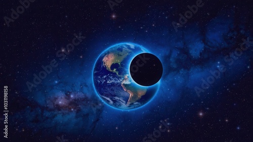 Digital artwork of Earth with moon orbiting in deep space, starry sky background