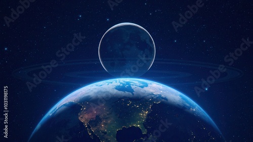Digital illustration of Earth and moon seen from space with starry background