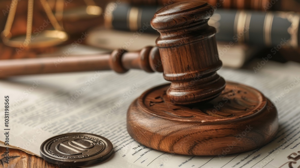 A wooden gavel rests on a legal document with a scale of justice out of focus in the background. This image represents the legal system and justice. A wooden gavel rests on a legal document with a scale of justice out of focus in the background. This image represents the legal system and justice.