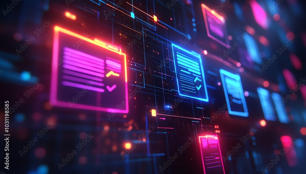 Closeup of a holographic display of a document management system with files and glowing checkmarks Closeup of a holographic display of a document management system with files and glowing checkmarks