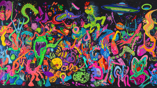 vibrant and psychedelic painting of alien party filled with colorful creatures and shapes