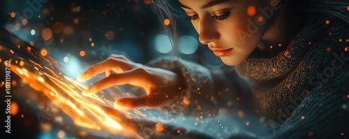 Closeup of a young woman s hands as she navigates a web browser, with glowing email and search windows appearing around her, futuristic aesthetic, sharp details