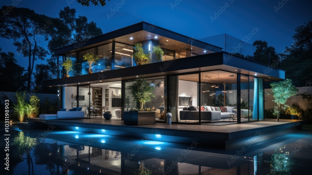 Fototapeta premium Modern House with Swimming Pool at Night