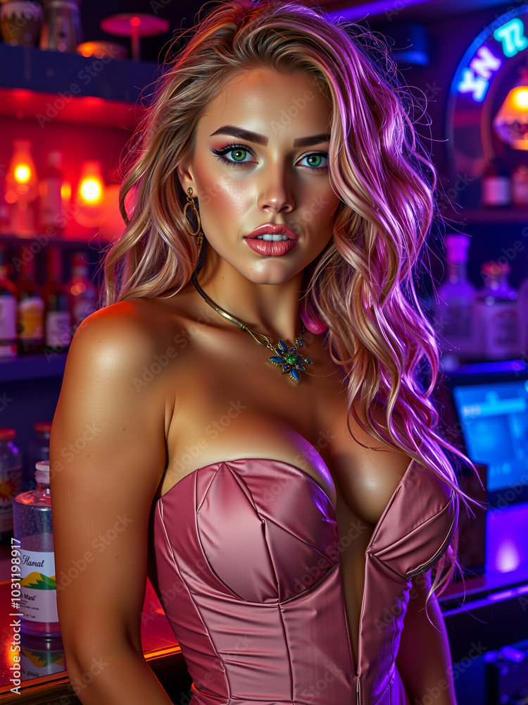 Attractive Young Blonde Woman in Seductive Dress at Nightclub Bar Glamorous Party Girl with Plunging Neckline Bare Shoulders Elegant Evening Outfit Attractive Young Blonde Woman in Seductive Dress at Nightclub Bar Glamorous Party Girl with Plunging Neckline Bare Shoulders Elegant Evening Outfit