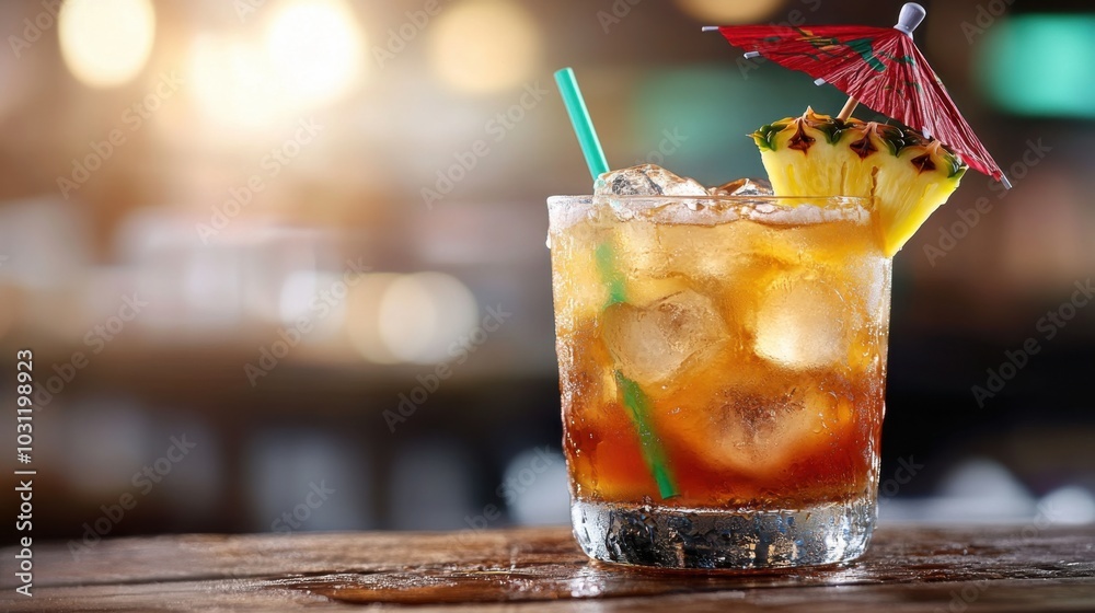Tropical mai tai cocktail with pineapple and umbrella for food photography in hospitality Tropical mai tai cocktail with pineapple and umbrella for food photography in hospitality