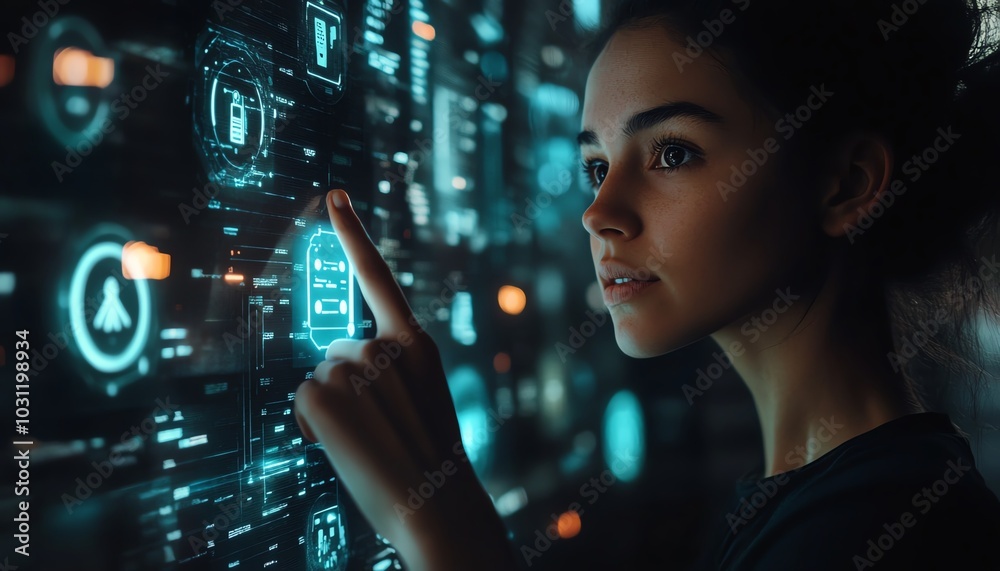 Creative scene of a woman interacting with holographic AI icons Creative scene of a woman interacting with holographic AI icons
