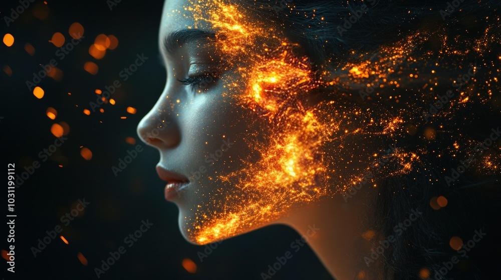 A woman's profile with glowing fire particles on her face and hair against a dark background with bokeh. A woman's profile with glowing fire particles on her face and hair against a dark background with bokeh.