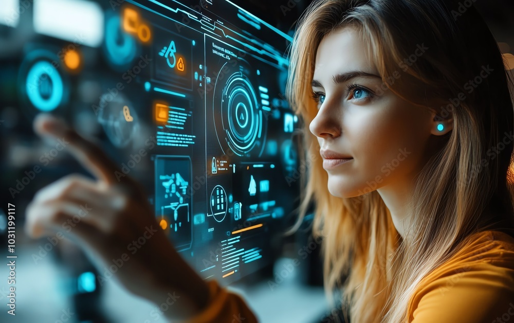 Dynamic image of a woman using her finger to interact with holographic AI icons Dynamic image of a woman using her finger to interact with holographic AI icons