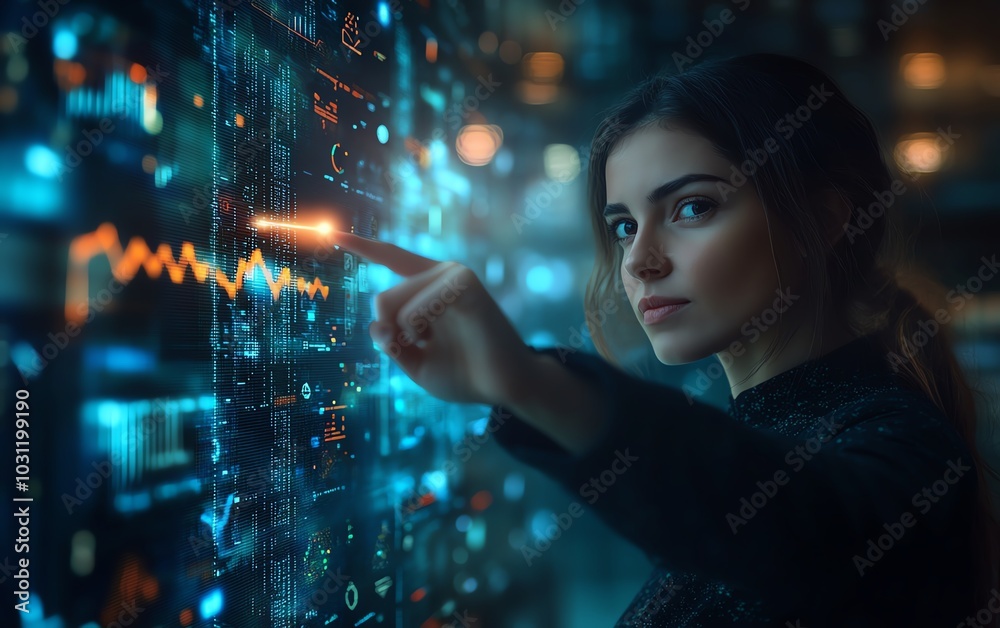 Dynamic scene of a businesswoman interacting with a graph analysis Dynamic scene of a businesswoman interacting with a graph analysis