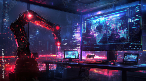 futuristic robotic arm in high tech workspace with glowing screens