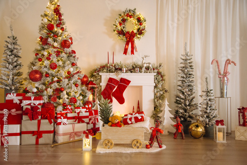 Cozy Christmas Living Room with Tree, Gifts, and Festive Decor
