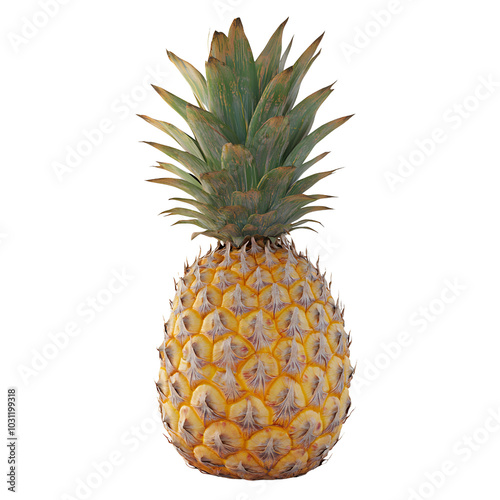 Fresh ripe pineapple with vibrant green leaves isolated on white background, perfect for tropical themes and healthy lifestyle concepts. photo