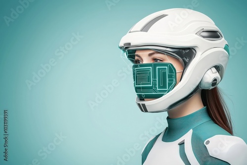 Futuristic Female Portrait in High-Tech Helmet Illustration Highlighting Innovative Design and Modern Aesthetics photo