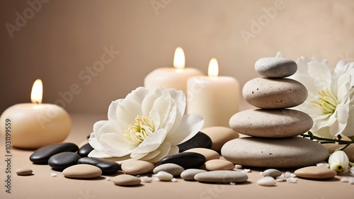 spa stones and flowers, candles, background zen - generative ai