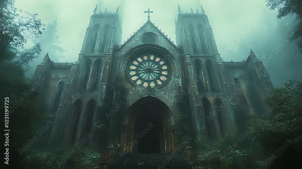 An old, abandoned church stands in a misty forest, its stone facade overgrown with vegetation. An old, abandoned church stands in a misty forest, its stone facade overgrown with vegetation.