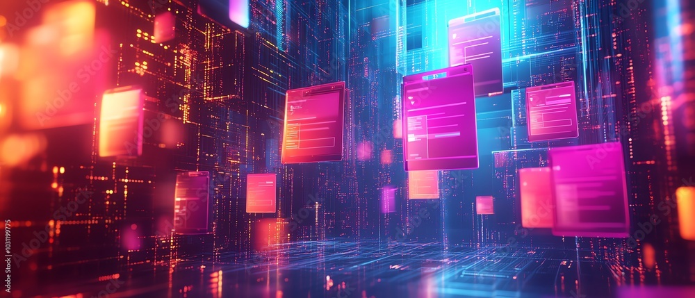 Fototapeta premium Visual representation of a holographic document management system with floating files and illuminated checkmarks