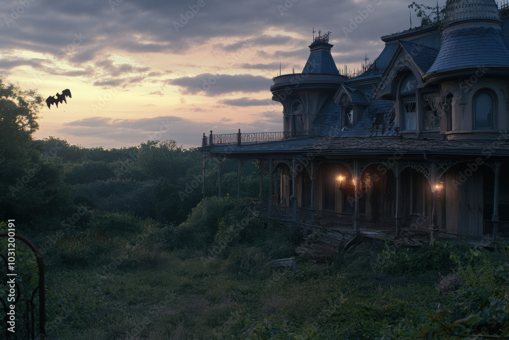 haunted mansion with eerie lighting surrounded by overgrown vegetation haunted mansion with eerie lighting surrounded by overgrown vegetation