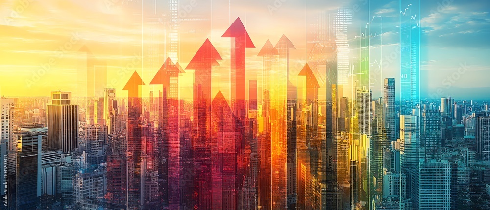 Artistic representation of digital financial charts with arrows overlaid on a modern city skyline Artistic representation of digital financial charts with arrows overlaid on a modern city skyline