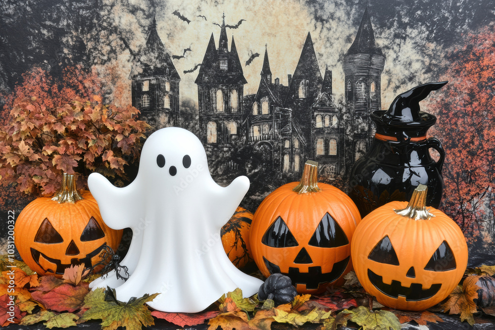 friendly ghost surrounded by pumpkins and autumn leaves creates festive Halloween scene friendly ghost surrounded by pumpkins and autumn leaves creates festive Halloween scene