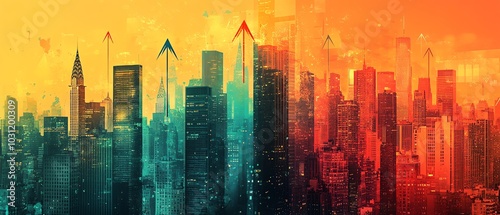 Artistic representation of digital financial charts with arrows overlaid on a modern city skyline