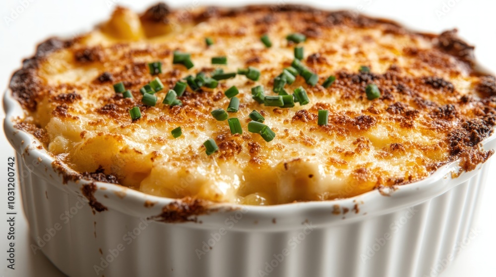 A close-up of a delicious, golden-brown mac and cheese dish with a crispy crust and fresh chives, served in a white ceramic ramekin. A close-up of a delicious, golden-brown mac and cheese dish with a crispy crust and fresh chives, served in a white ceramic ramekin.