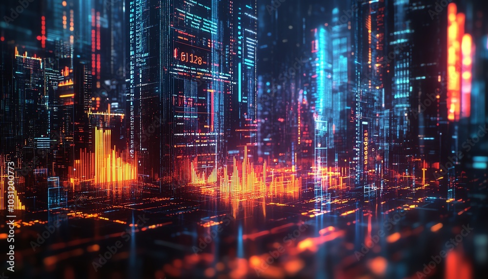 Closeup scene of digital financial charts and arrows overlaying a contemporary city backdrop Closeup scene of digital financial charts and arrows overlaying a contemporary city backdrop