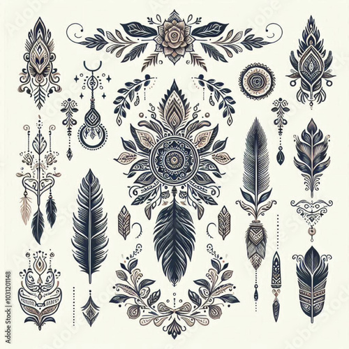 Decorative bohemian artwork featuring intricate floral designs, feathers, and ornamental patterns