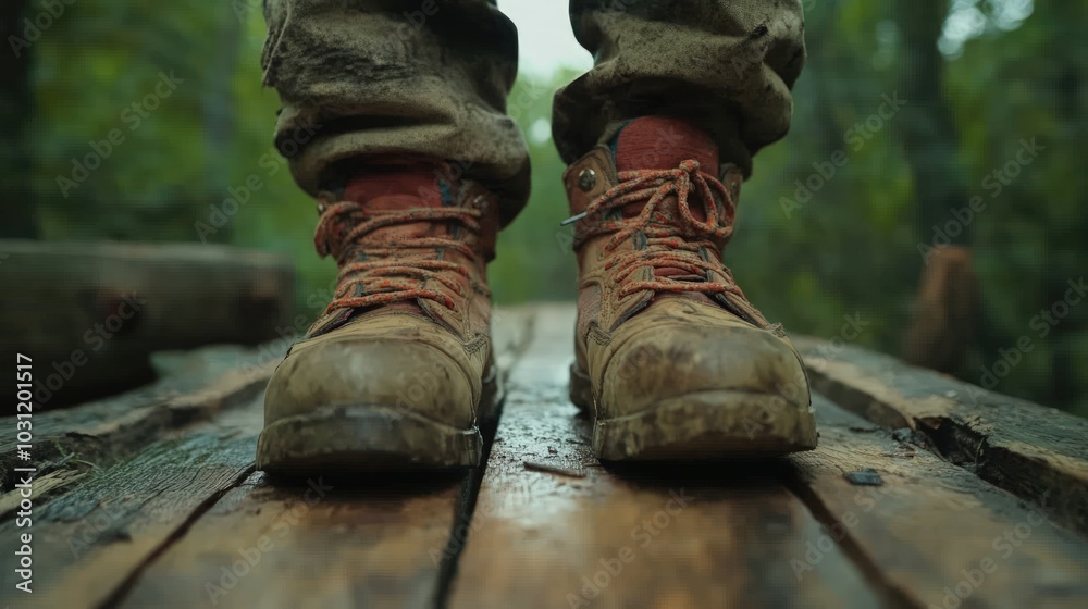 Close-up of muddy boots standing on a wooden plank walkway in a forest. Close-up of muddy boots standing on a wooden plank walkway in a forest.