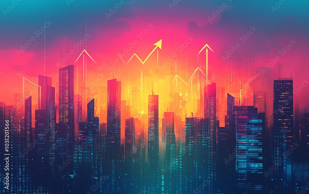 Visual representation of a contemporary city skyline with digital financial charts and upward arrows Visual representation of a contemporary city skyline with digital financial charts and upward arrows